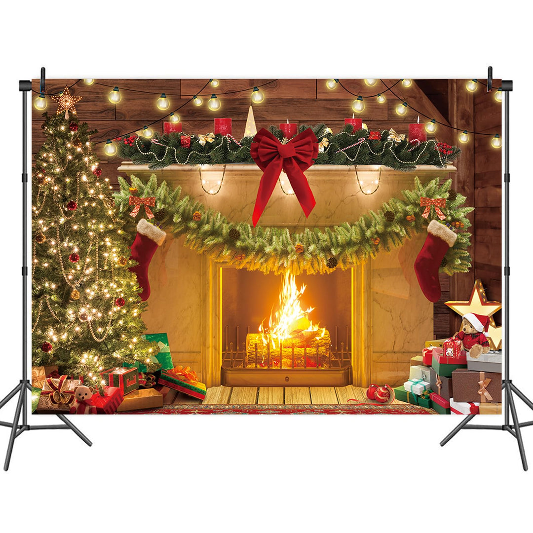 Christmas Fireplace Theme Backdrop Xmas Tree Gift Rustic Wooden floor Photography Background Baby Kids Christmas Family Party Decorations Banner Photo Prop (82x59inch)