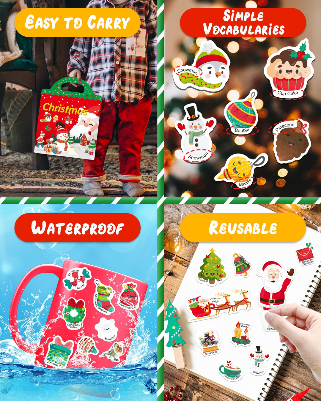 Benresive Christmas Reusable Sticker Book for Toddlers 1-3, Fun Stickers for 2-4 Years, 39 Pcs Cute Waterproof Stickers for Teens Girls Boys