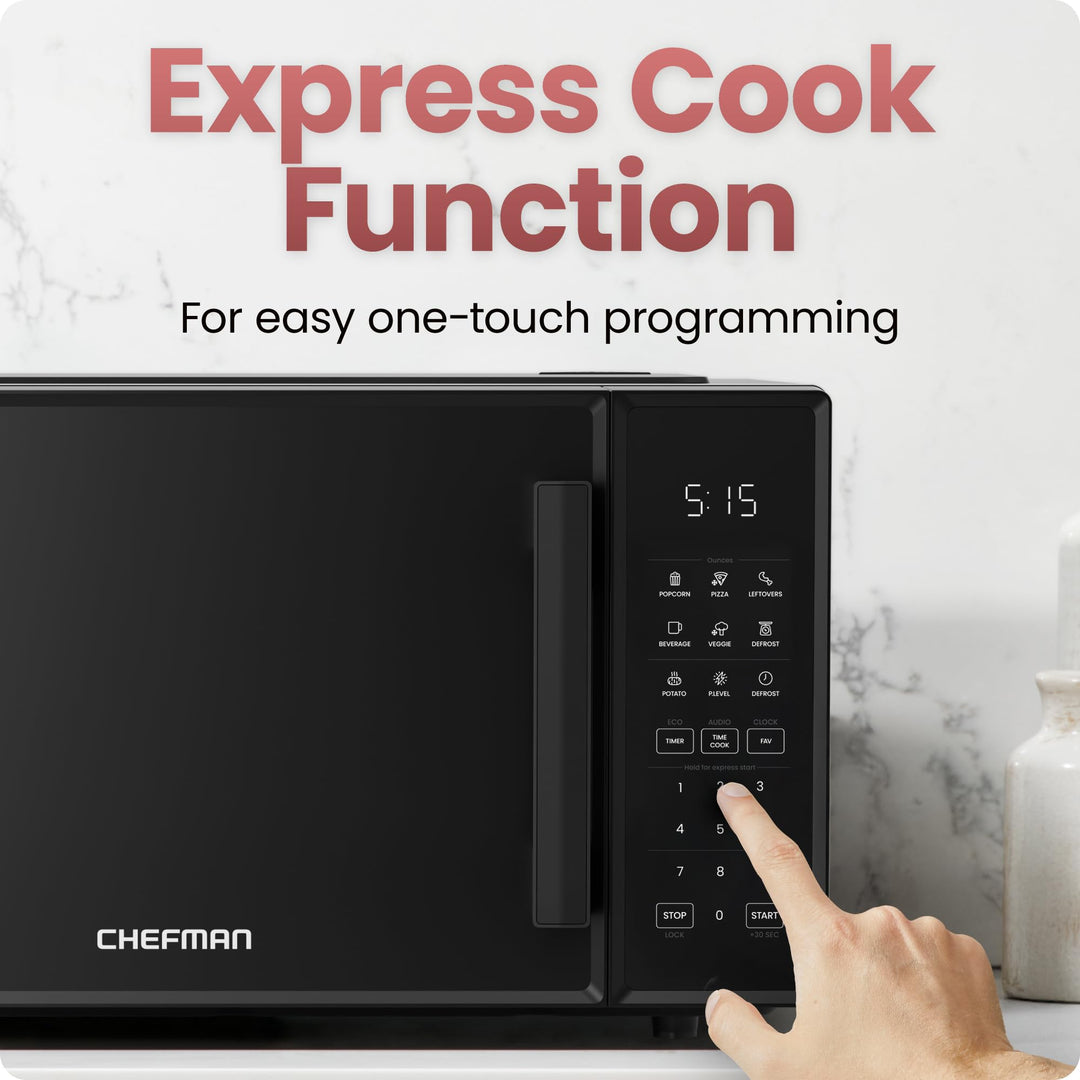 Chefman Countertop Microwave Oven 0.9 Cu. Ft., 900 Watts with 10 Power Levels, 6 Cooking Presets with One-Touch Express Cook, Eco Mode, Child Safety Lock, & Mute Button - Black