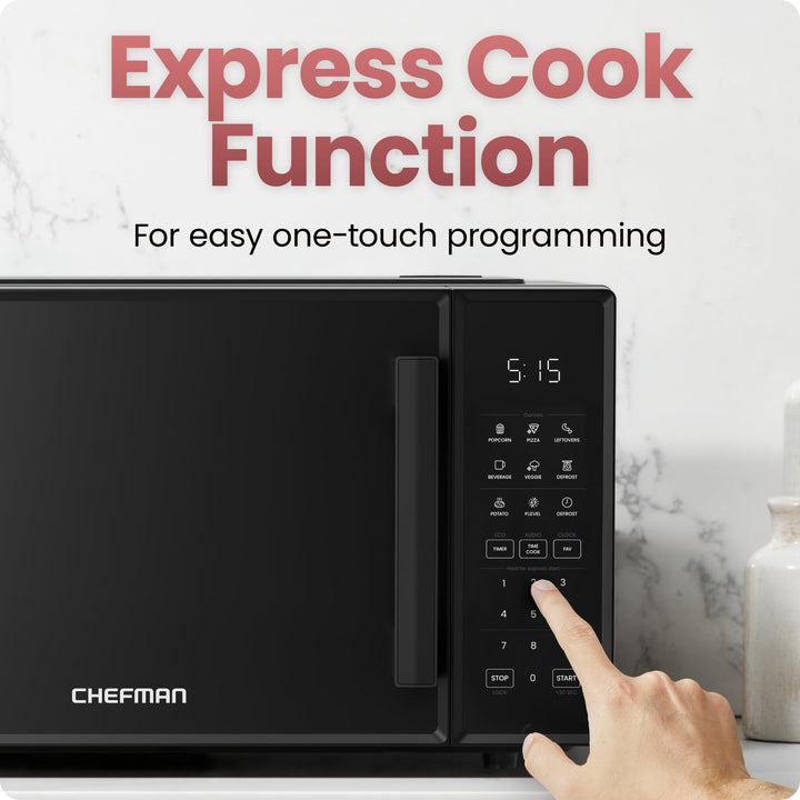 Chefman Countertop Microwave Oven 0.9 Cu. Ft., 900 Watts with 10 Power Levels, 6 Cooking Presets with One-Touch Express Cook, Eco Mode, Child Safety Lock, & Mute Button - Black