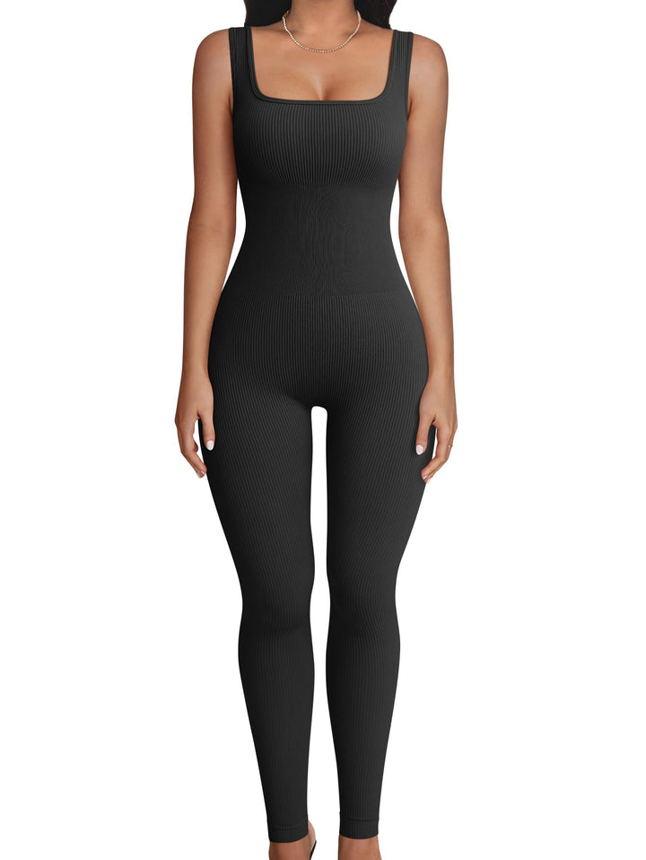 TOB Women Yoga Jumpsuits Workout Ribbed Sleeveless Square Neck Exercise Jumpsuits Black