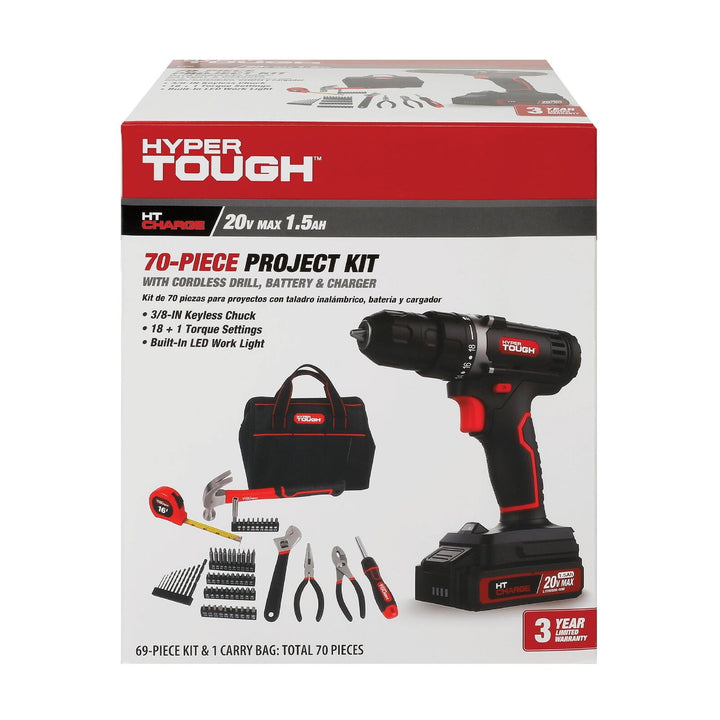Hyper Tough 20V Max 1.5AH 70-Piece Project Kit with Cordless Drill  Battery & Charger