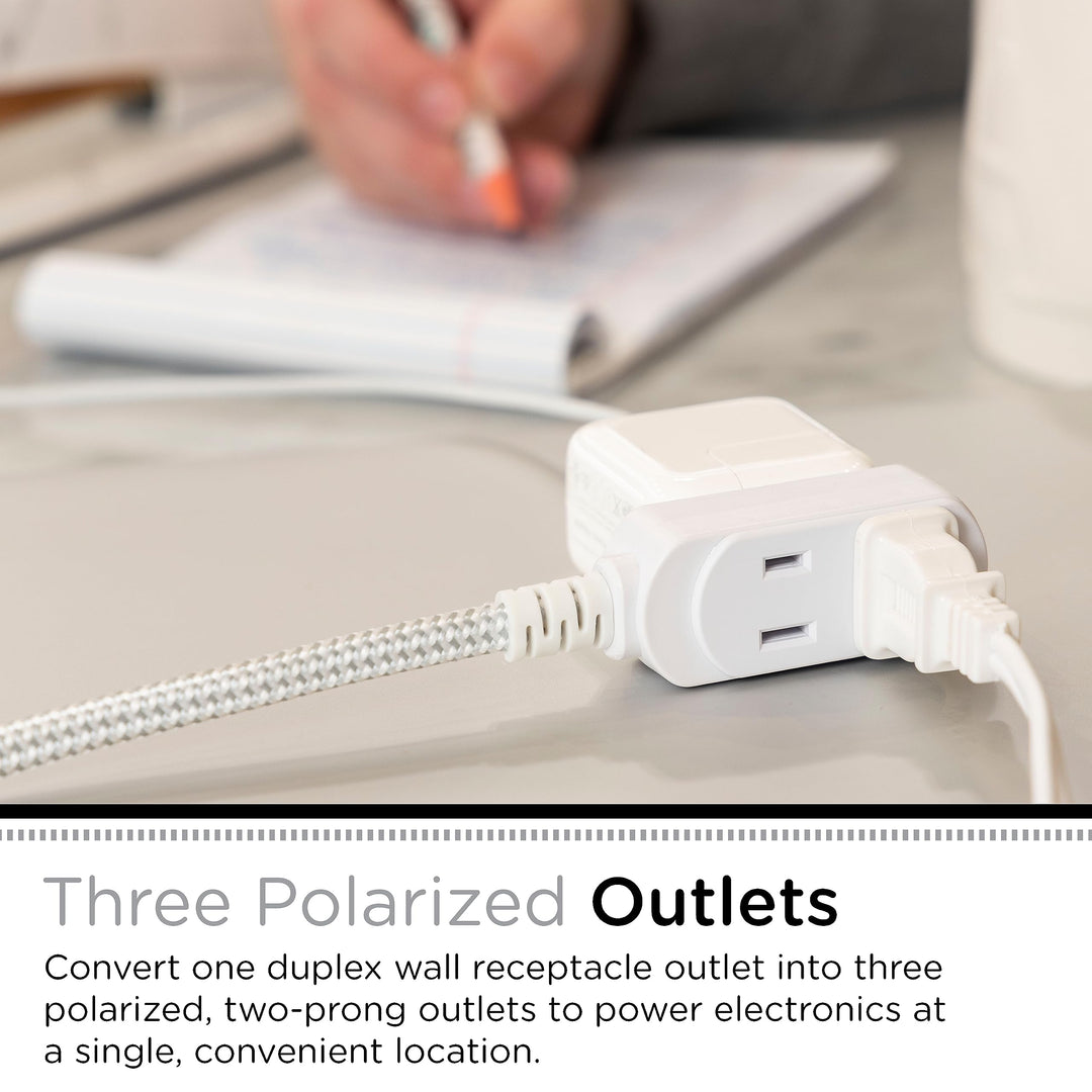 Cordinate Extension Cord, 8 Ft, 3-Outlet Flat Plug Extension Cord, Braided Extension Cord with Multiple Outlets, 2 Prong Extension Cord, Safety Slide 125V Long Extension Cord, 1 Pack, White, 39980
