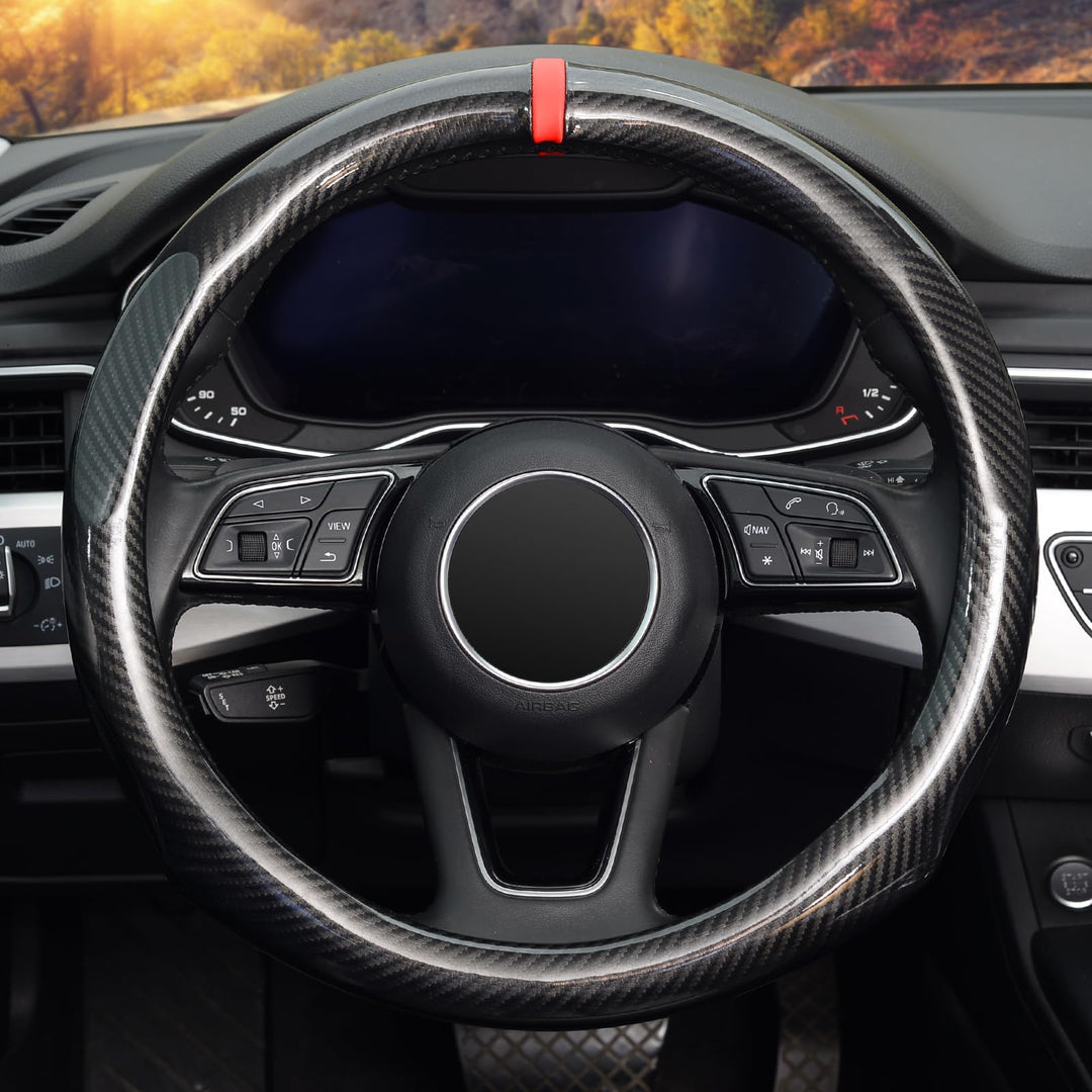 ZHOL Carbon Fiber Steering Wheel Cover, Universal Standard Size 14.5-15 inch Fashion Sport Auto Car Steering Wheel Accessories for Men, Black