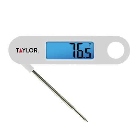 Taylor Stainless Steel Digital Folding Probe Meat Thermometer  Blue Backlight Display  White