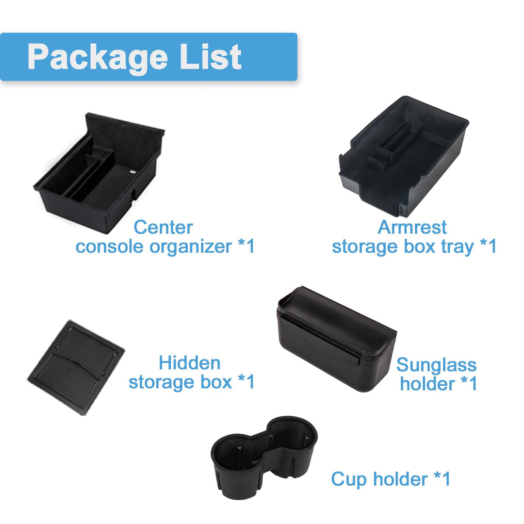 Carwiner 5 PCS Center Console Organizer Tray Compatible with 2021-2023 Tesla Model 3/Y, Cup Holder and Sunglass Holder, Flocked/Silica Rubber Armrest Hidden Cubby Drawer Storage Box Interior