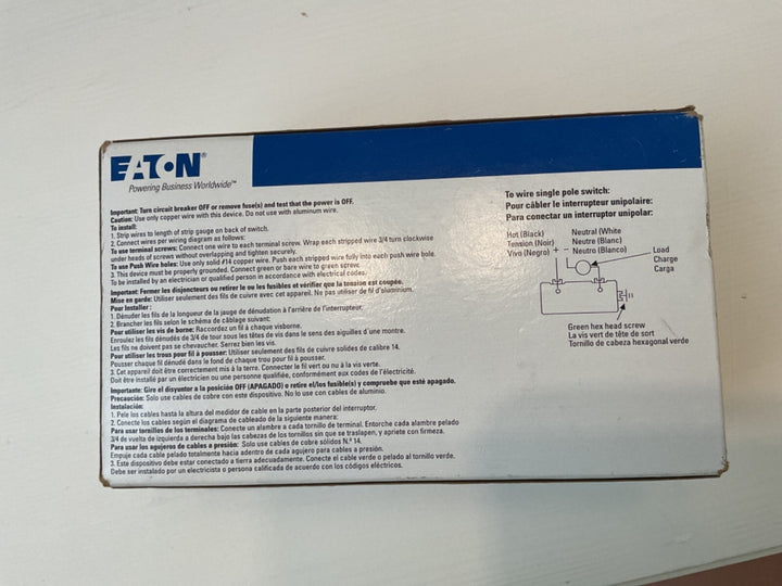 Eaton 7501W-10-LW Single Pole Decorator Switch White 15A 120V/277V