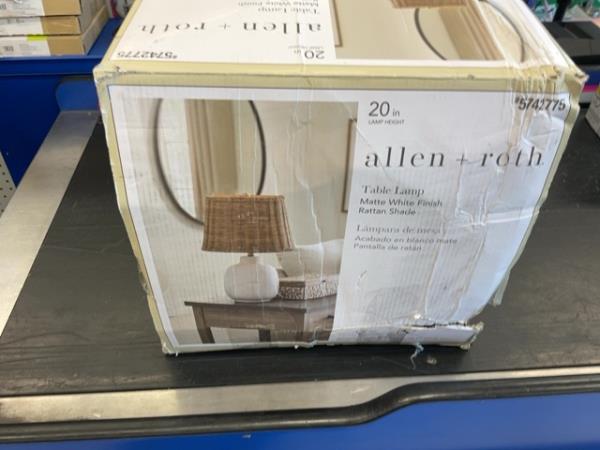 allen + roth Table Lamp - Matte White Finish, Rattan Shade, 20 inches Retail $60.00