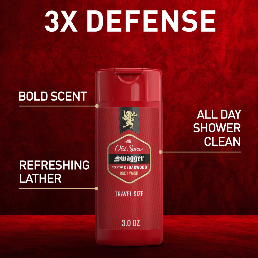 Old Spice Refreshing Body Wash for Men, 3X Defense, 24/7 Shower Fresh with Long Lasting Scent, Travel Size, Red Collection, Swagger with Cedarwood Scent, 3 oz