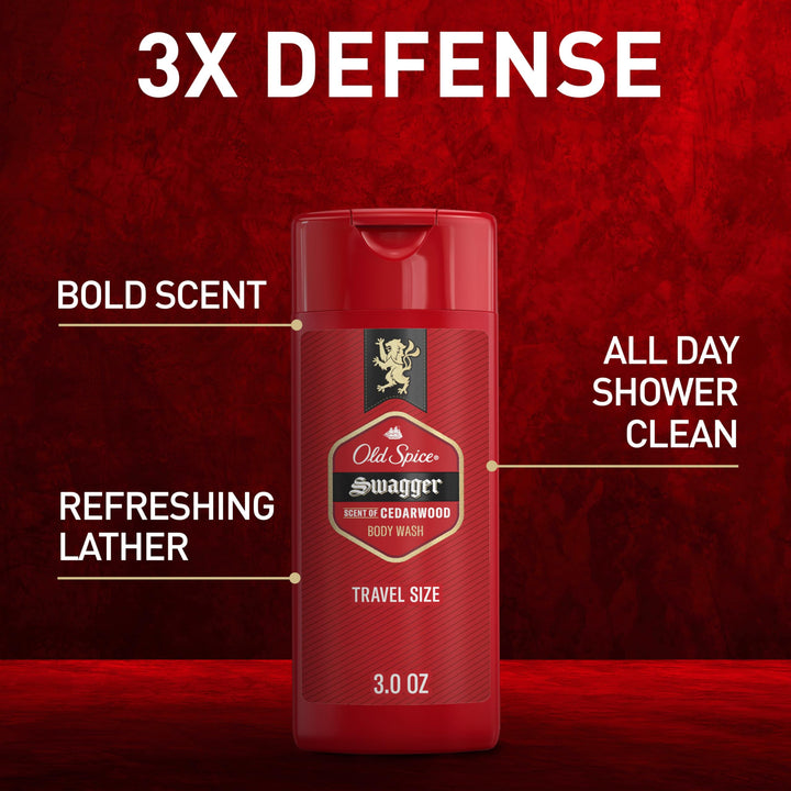 Old Spice Refreshing Body Wash for Men, 3X Defense, 24/7 Shower Fresh with Long Lasting Scent, Travel Size, Red Collection, Swagger with Cedarwood Scent, 3 oz