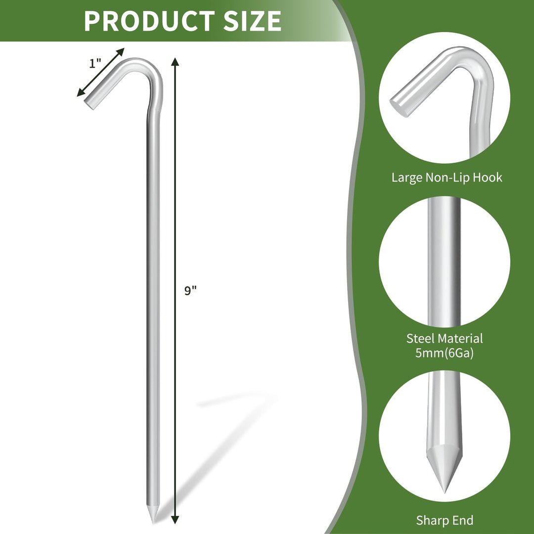 OK5STAR Tent Stakes 9 Inch, Tent Stakes Metal, Heavy Duty Tarp Camping Stakes, Metal Stakes for Inflatables Outdoor Decorations, 8 Pack