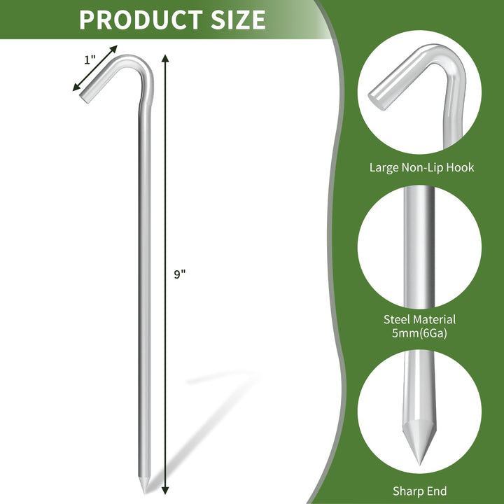 OK5STAR Tent Stakes 9 Inch, Tent Stakes Metal, Heavy Duty Tarp Camping Stakes, Metal Stakes for Inflatables Outdoor Decorations, 8 Pack
