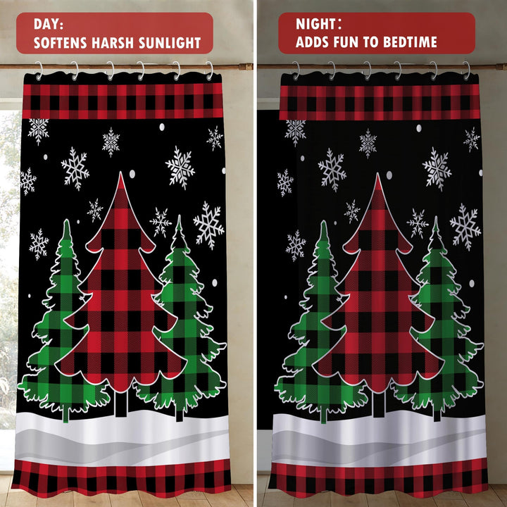Christmas Living Room Curtains, Christmas Decorations Sheer Curtains 63 inch Length 2 Panels Set, Buffalo Plaid Christmas Tree Decor Bedroom Curtain Window Drapes Light Filtering Valance 52x63