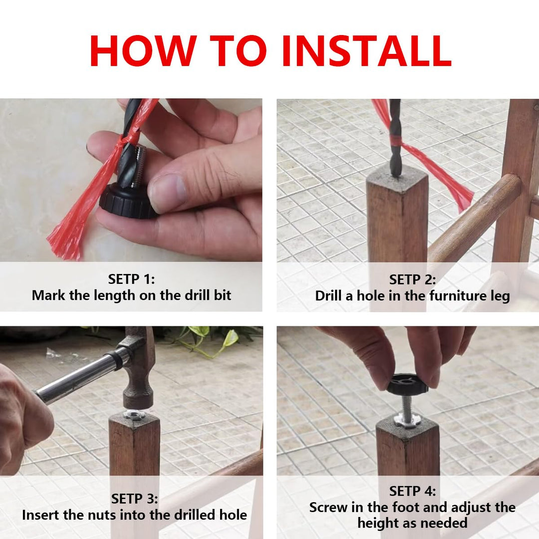 1/4" Thread Furniture Feet Levelers wth Nuts - 12Pcs Adjustable Leveling Feet with T-Nuts - Screw-in Threaded Glide Leveling for Bar Stool/Bench/Bed/Cabinet/Desk/Dresser/Wood Legs