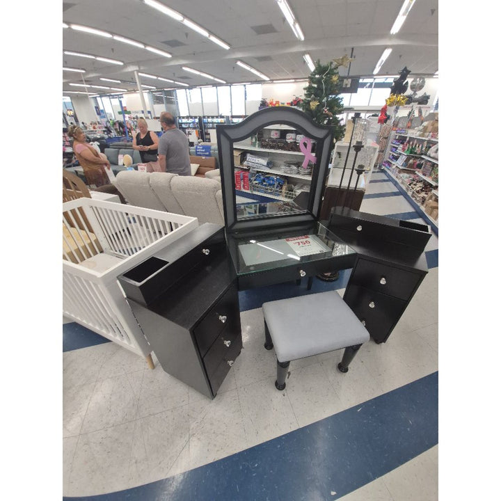 Vanity Set - Mirror, Drawers, Stool - Black