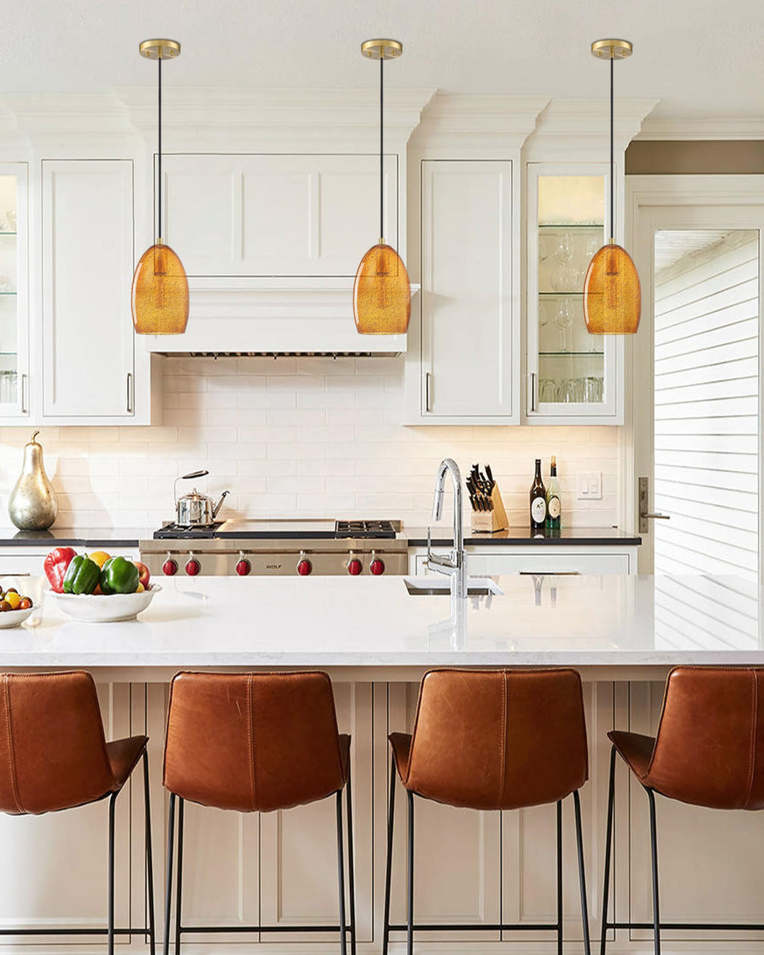 Dolaimy House 3 Pack 1 Light Mini Hanging Indoor Kitchen Island Pendant Light,5.3" Ancient Seeded Amber Glass Pendant Ceiling Light Fixtures Brushed Bronze Finish Modern Farmhouse Dinning Over Sink