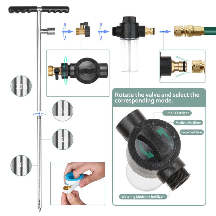 Root Feeder Deep Watering Fertilizing Spike with Fertilizer Dispenser & Quick Connector Stainless Plant Save Watering Toll for Promote Outdoor Garden Tree Shrubs Growth with T-Handle Irrigation System