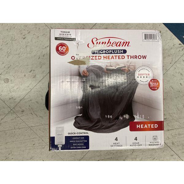 Sunbeam Microplush Oversized Heated Throw - 60" x 50", Quick-Control, 4 Heat Settings, Machine Washable Retail $50.00
