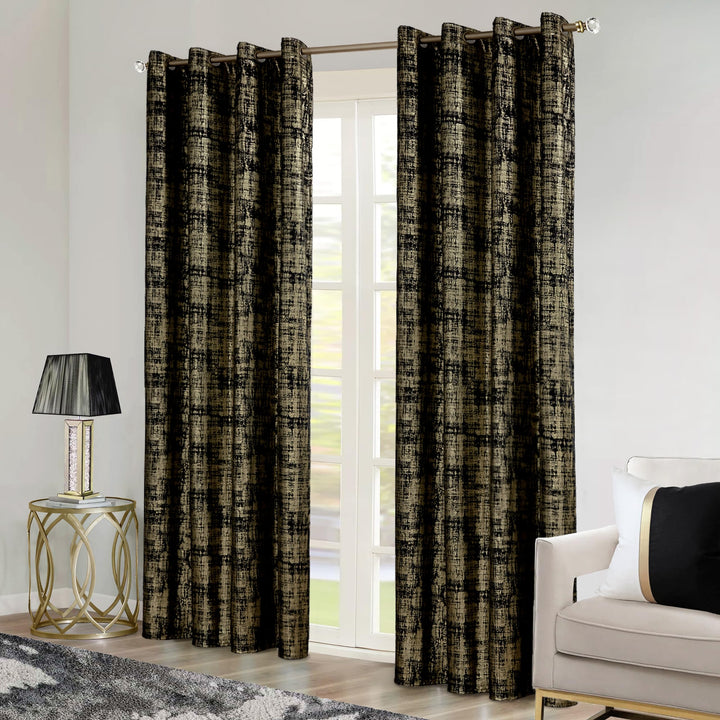 SHINELAND Black Curtains for Living Room 108 Inches Long,Blackout Gold Pattern Velvet Contemporary Elegant Glow in The Dark 9ft Ceiling to Floor Length Curtains
