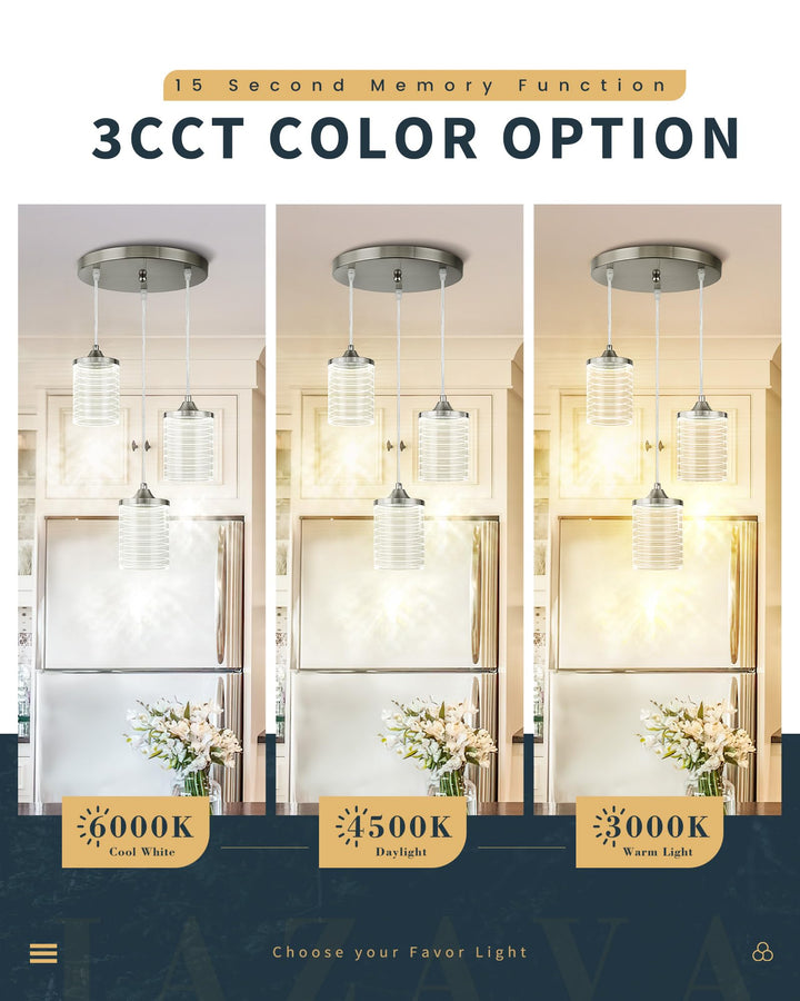 JAZAVA 3-Lights Modern Pendant Light, Brushed Nickel Cluster Pendant Lighting, Adjustable LED 24W 3CCT 3000/4500/6000K Hanging Light Fixture for Kitchen Island Dining Room Bedroom Hallway, PL106BN Retail $102.00