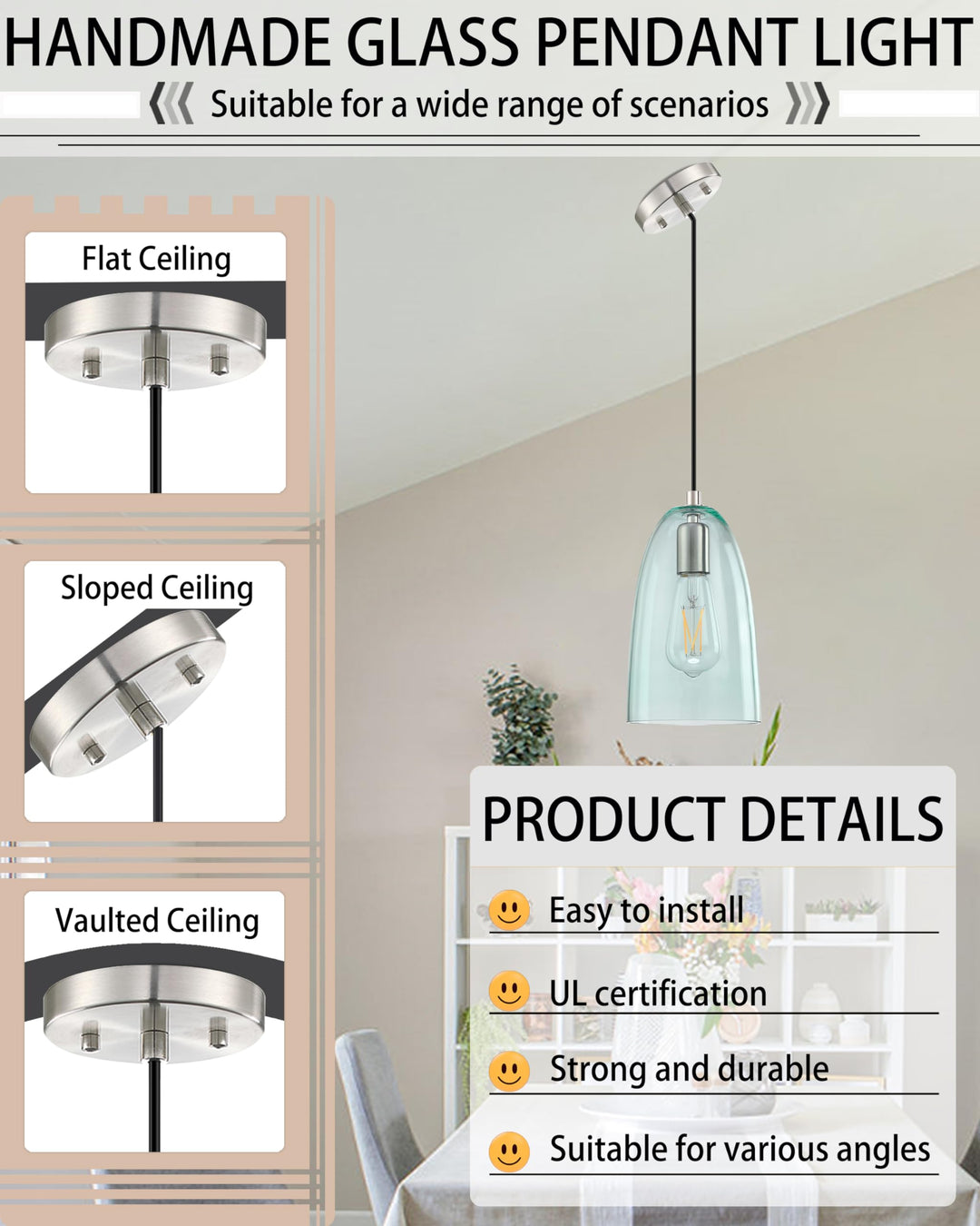 2 Pack 1 Light Indoor Hanging Kitchen Island Pendant Lights 5.3" Clear Green Glass Pendant Light Fixture,Brushed Nickel Finish Modern Farmhouse Dinning Over Sink