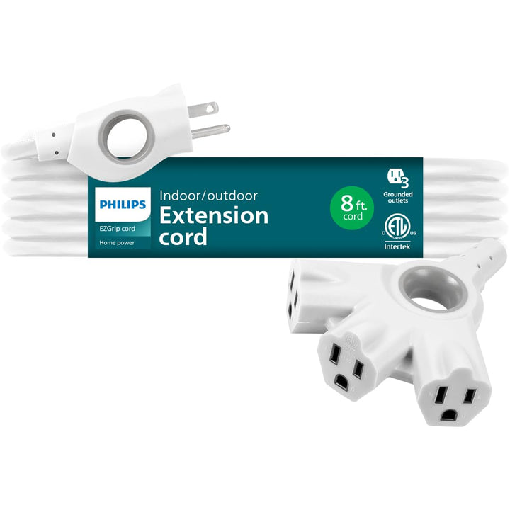 Philips EZGrip Outdoor Extension Cord with Multiple Outlets, Grounded 3 Prong Cord, Short Extension Cord Indoor with Multiple Outlets, Heavy Duty, 8 Ft, 16 AWG, Whitw, SPC3183EZT1/37
