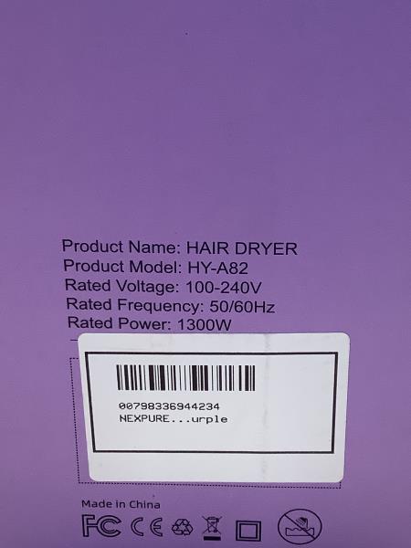 NEXPORE HY-A82 Hair Dryer - 1300W, 100-240V, 50/60Hz - Purple Retail $39.99
