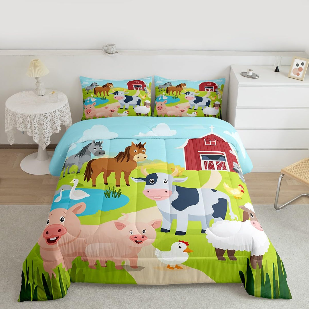 Farm Animal Bedding Set Boys Pig Dog Cow Goat Duck Comforter Set for Kids Teens Ultra Soft Rustic Farmhouse Comforter Farm Nursery Decor Duvet Set Room Decor Twin Size Quilt Set