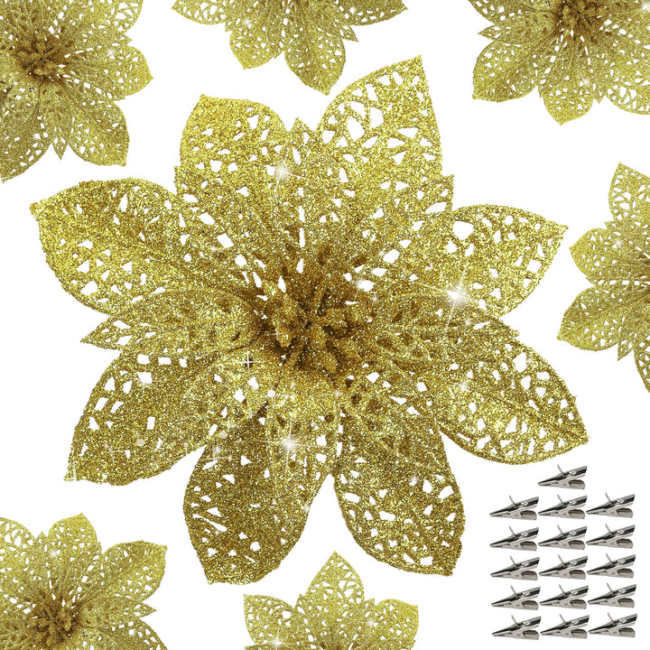 16 PCS 5.5'' Gold Poinsettia Christmas Decorations,Glitter Poinsettias Artificial Christmas Flowers with Clips,Christmas Ornaments Christmas Tree Decorations DIY Xmas Wreath Holiday Home Party Decor