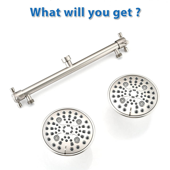 Proox Double Shower Head with Built-in Valve, High Pressure 6 Setting Dual Shower Head Design for Couple on Walk-in Bathroom or Single on Bathtub Bathroom - Brushed Nickel