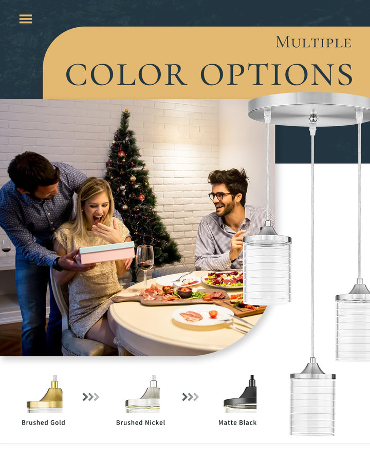 JAZAVA 3-Lights Modern Pendant Light, Brushed Nickel Cluster Pendant Lighting, Adjustable LED 24W 3CCT 3000/4500/6000K Hanging Light Fixture for Kitchen Island Dining Room Bedroom Hallway, PL106BN Retail $102.00