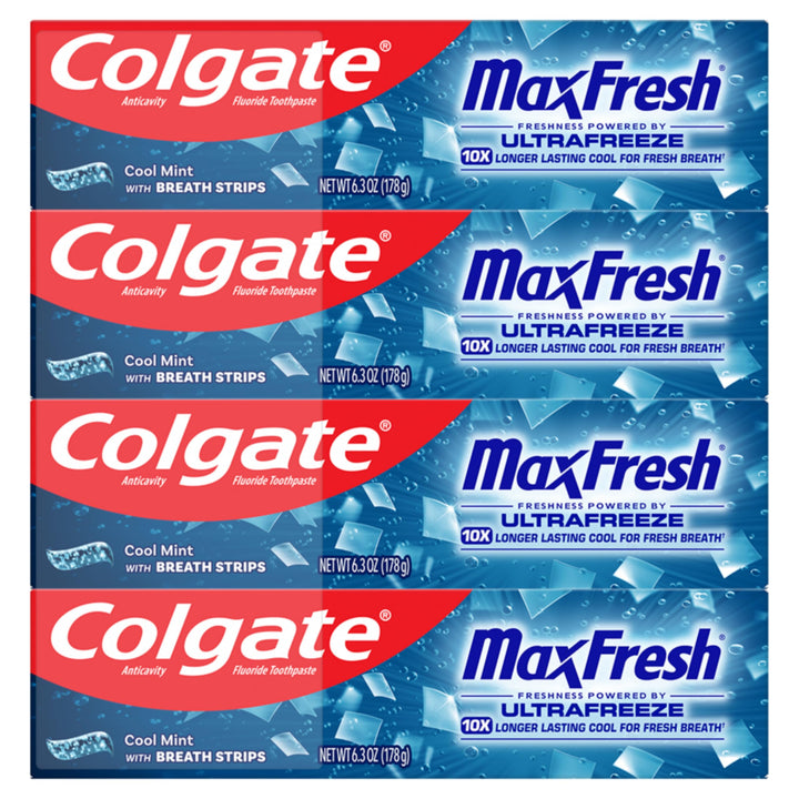 Colgate MaxFresh Cool Mint Toothpaste Pack, Fresh Breath Toothpaste with Fluoride and Hundreds of Mini Breath Strips, Leaves Mouth Feeling Refreshed for Hours, 6.3 oz