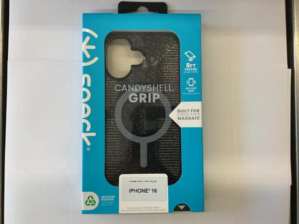 Speck CandyShell Grip iPhone 16 Case - Slim MagSafe - Black Glitter/Steel Black Retail $39.95