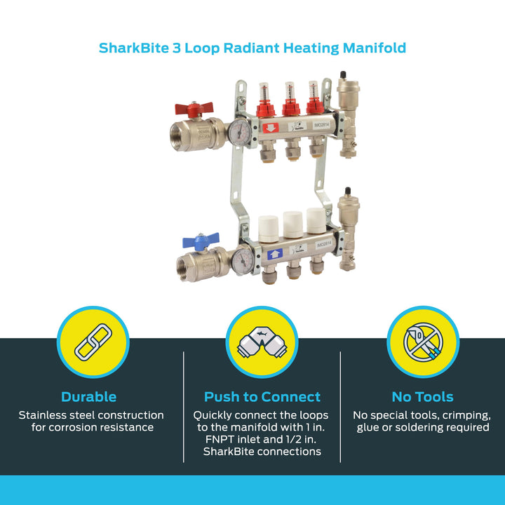 SharkBite 3 Loop Radiant Heating Manifold, Push to Connect Brass Plumbing Fitting, PEX Pipe, PE-RT, 24930 Retail $281.00
