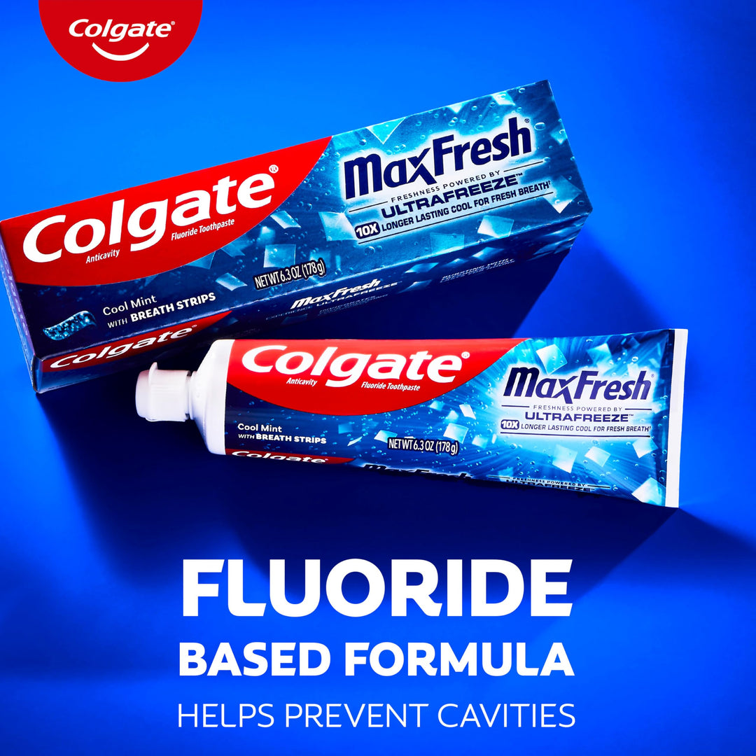 Colgate MaxFresh Cool Mint Toothpaste Pack, Fresh Breath Toothpaste with Fluoride and Hundreds of Mini Breath Strips, Leaves Mouth Feeling Refreshed for Hours, 6.3 oz