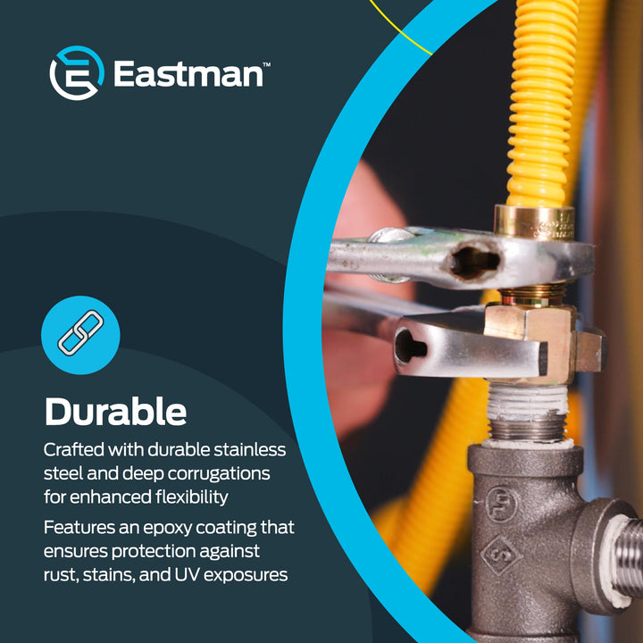 Eastman 60 Inch x 1/2 Inch OD Flexible Gas Line Connector with (2) 1/2 Inch MIP Fitting Ends for Natural Gas and Liquid Propane, Stainless Steel, Yellow, 20YE505060B