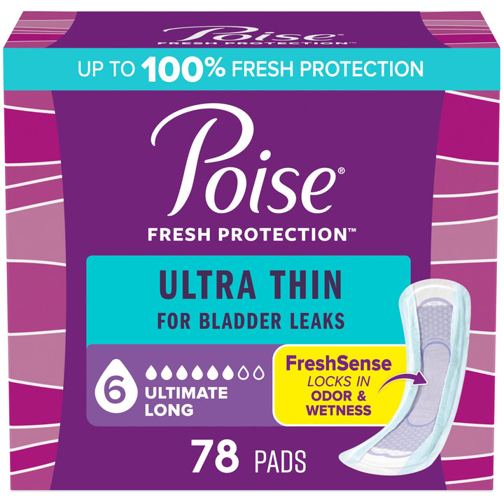 Poise Ultra Thin Incontinence Pads & Postpartum Pads for Bladder Leaks, 6 Drop Ultimate Absorbency, Long Length, 78 Count, Packaging May Vary Retail $46.00