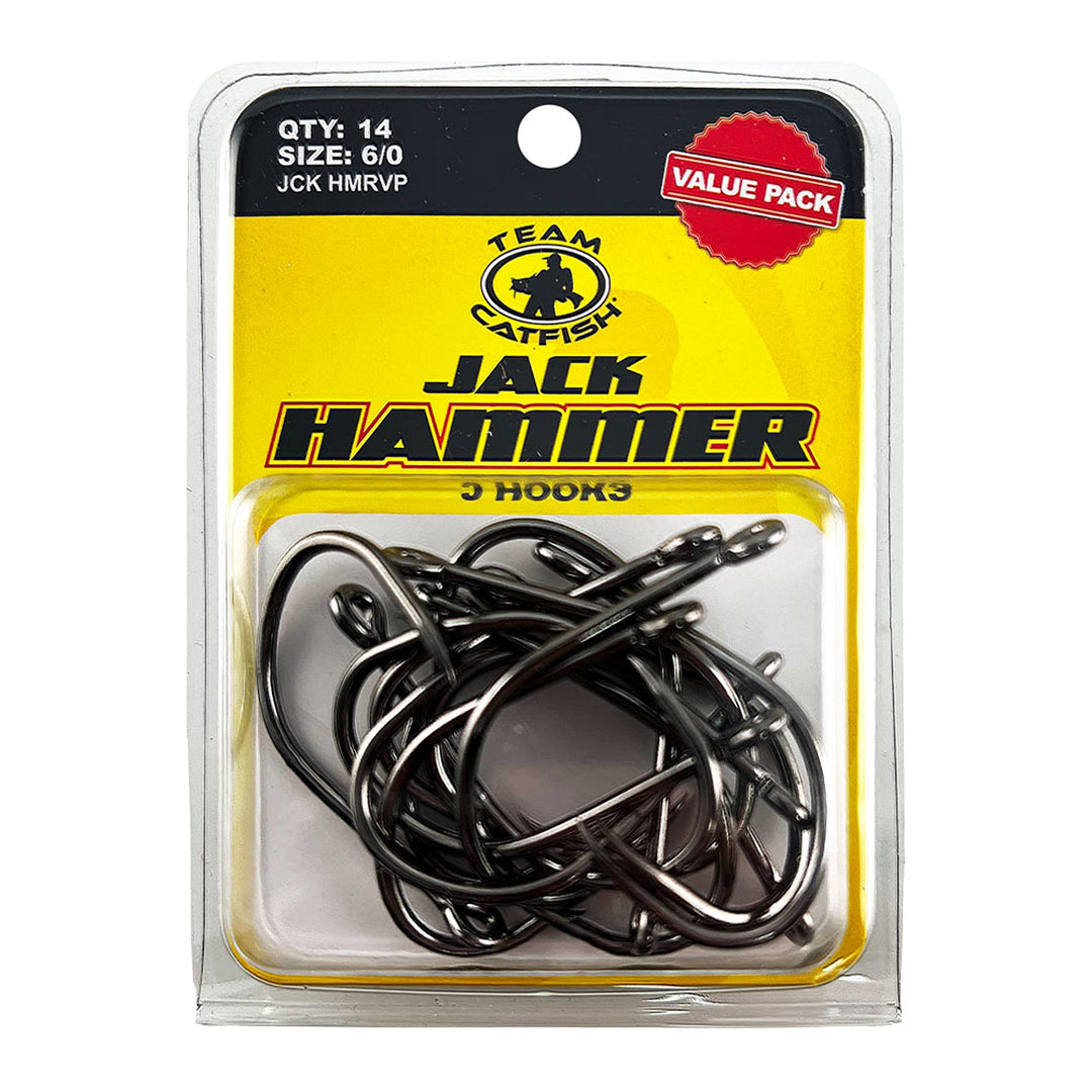 Team Catfish 6/0 Jack Hammer J Hooks (14 Pack) Wide Gap Design to Hold Live Bait, Cut Baits, and Plastics