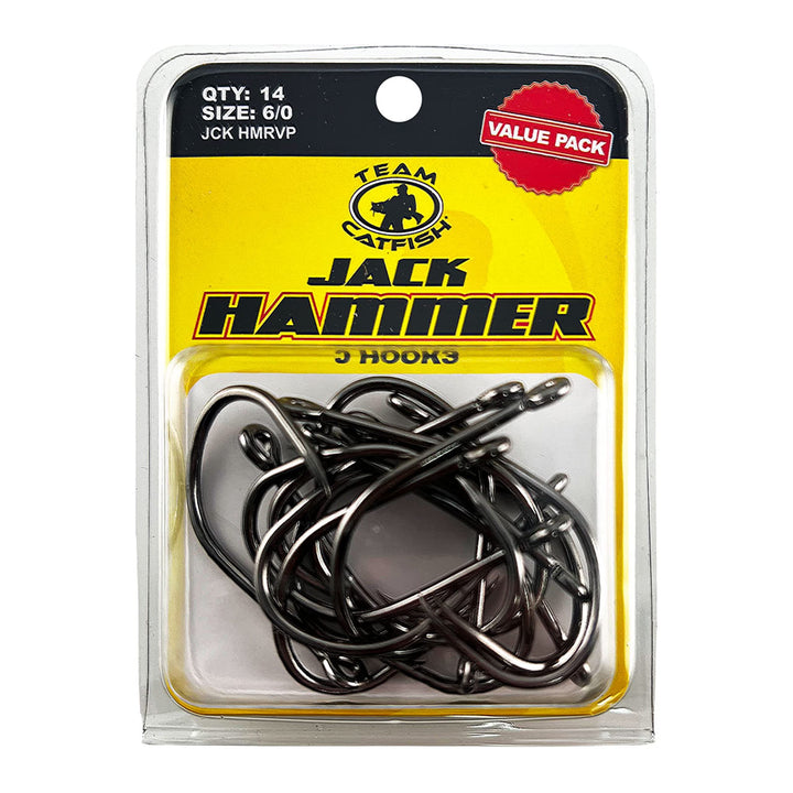 Team Catfish 6/0 Jack Hammer J Hooks (14 Pack) Wide Gap Design to Hold Live Bait, Cut Baits, and Plastics