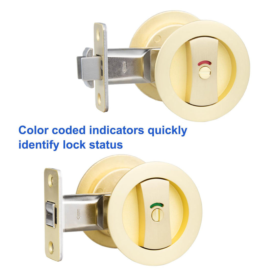 YZMLOL Brass Gold Pocket Door Lock,Brushed Gold Pocket Door Hardware,Round Pocket Door Lock with Color Coded Indicator,Privacy Flush Pocket Door Lock for Home, Bathroom and Bedroom.