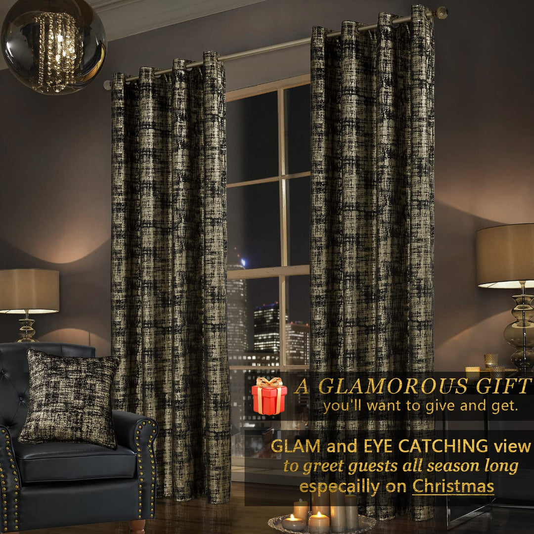 SHINELAND Black Curtains for Living Room 108 Inches Long,Blackout Gold Pattern Velvet Contemporary Elegant Glow in The Dark 9ft Ceiling to Floor Length Curtains