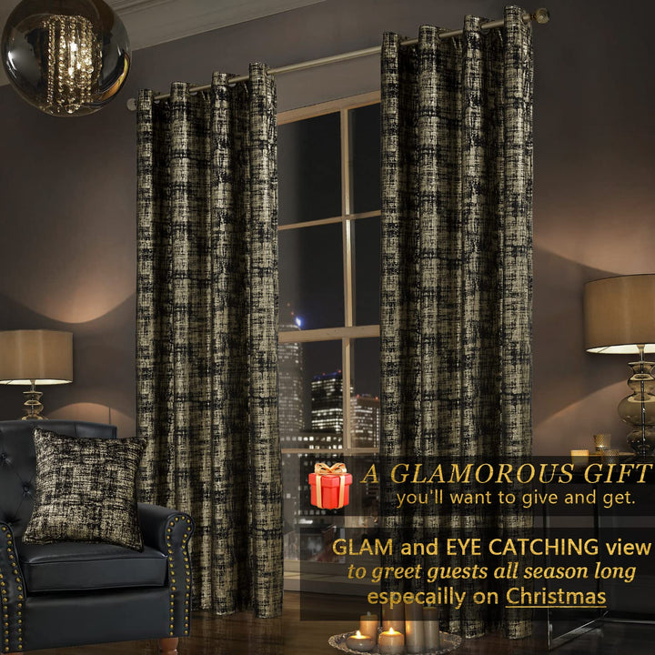 SHINELAND Black Curtains for Living Room 108 Inches Long,Blackout Gold Pattern Velvet Contemporary Elegant Glow in The Dark 9ft Ceiling to Floor Length Curtains