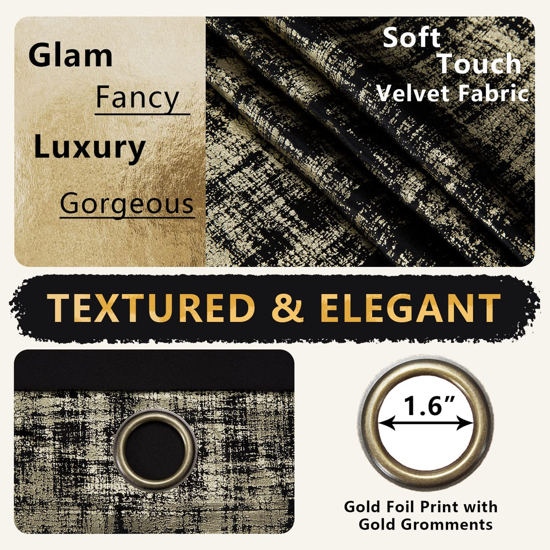 SHINELAND Black Curtains for Living Room 108 Inches Long,Blackout Gold Pattern Velvet Contemporary Elegant Glow in The Dark 9ft Ceiling to Floor Length Curtains