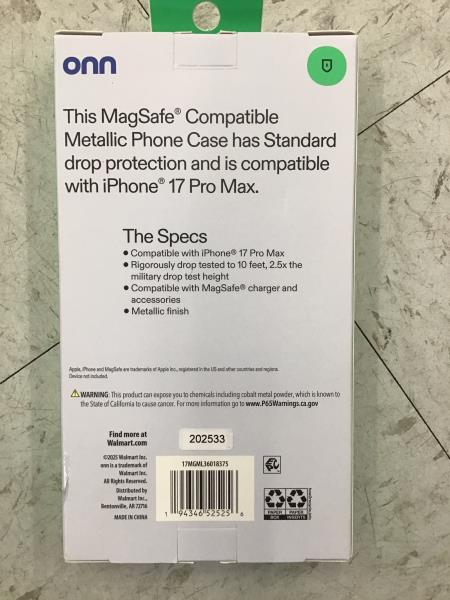 onn iPhone 17 Pro Max Case - MagSafe Compatible, Metallic, 10' Drop Protection, Black Retail $15.00