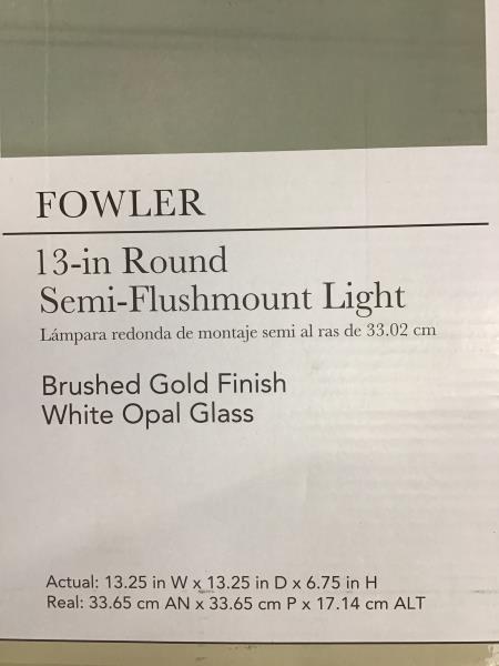 Allen + Roth Fowler 13-in Round Semi-Flushmount Light - Brushed Gold Finish, White Opal Glass Retail $70.00