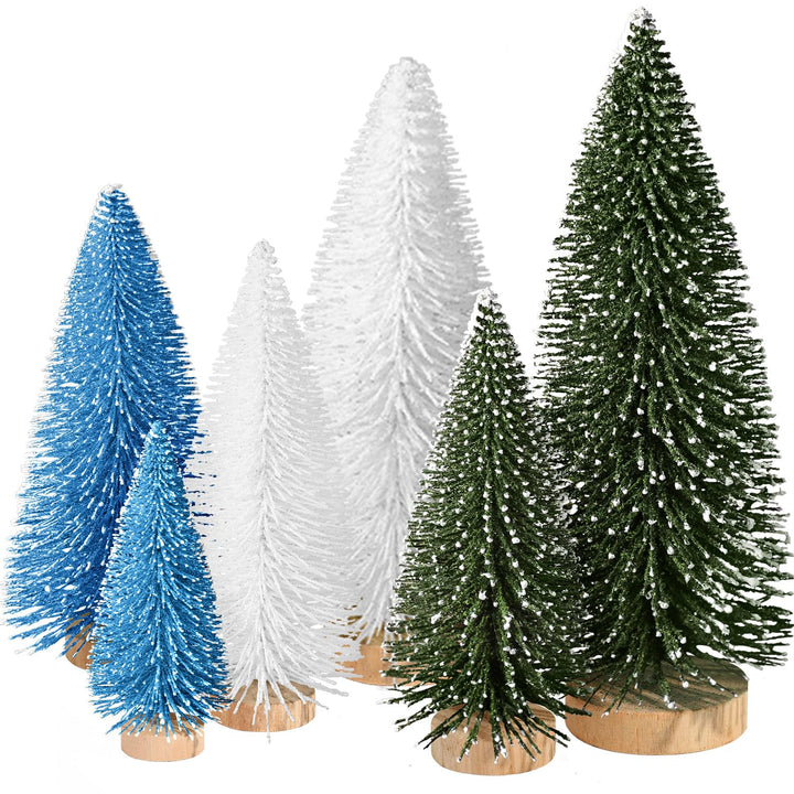 6pcs Mini Christmas Trees Christmas Decor, Artificial Christmas Mini Bottle Brush Trees Tabletop, Christmas Decoration Trees with 4 Size Xmas Holiday Decor (6pcs Green+Blue+White)