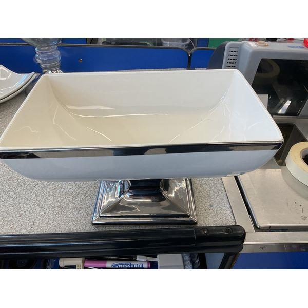 N/A Ceramic Square Pedestal Bowl with Silver Rim - Decorative Serving Dish Retail $50.00