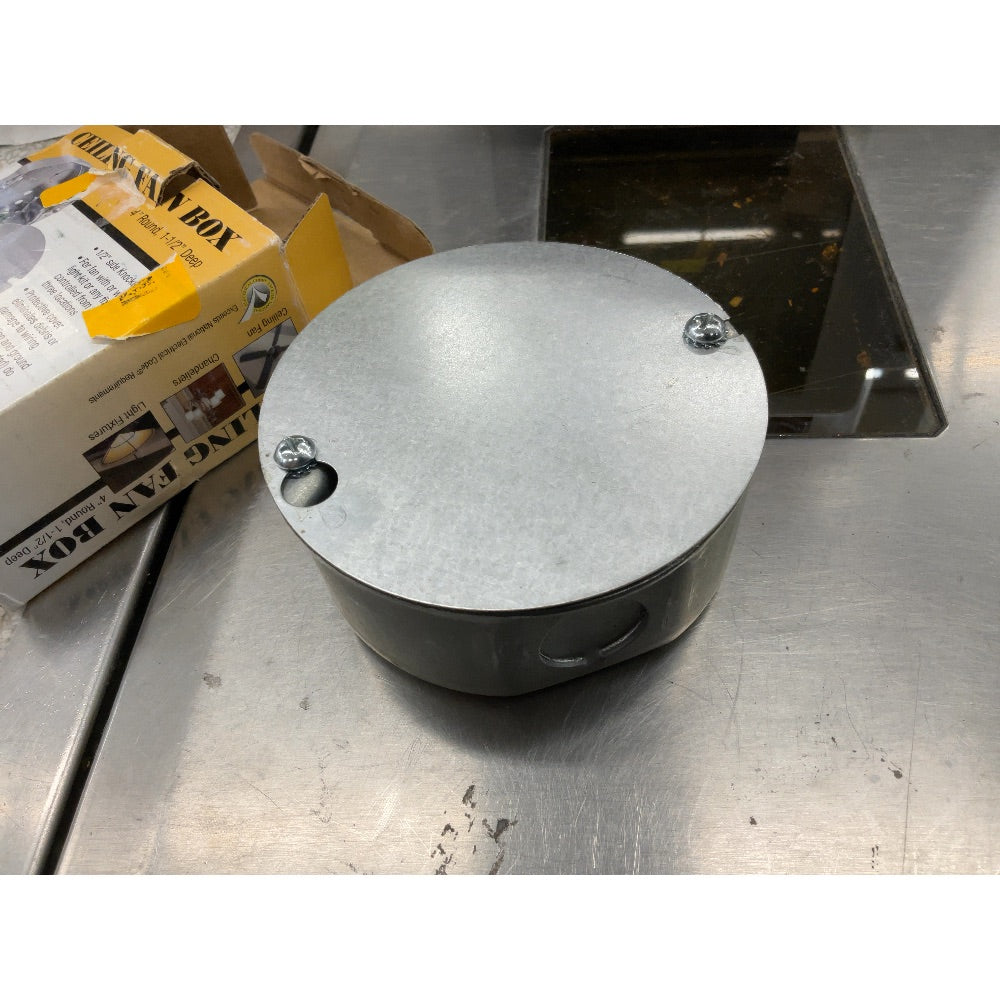 Hubbell RACO Ceiling Fan Box - 4" Round, 1-1/2" Deep, New 1/2" Side KO's