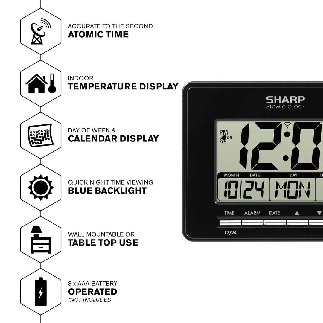 Sharp Atomic Desktop Clock â€“ Auto Set Digital Alarm Clock - Atomic Accuracy - Easy to Read Screen with Time/Date/Temperature Display- Perfect for Nightstand or Desk