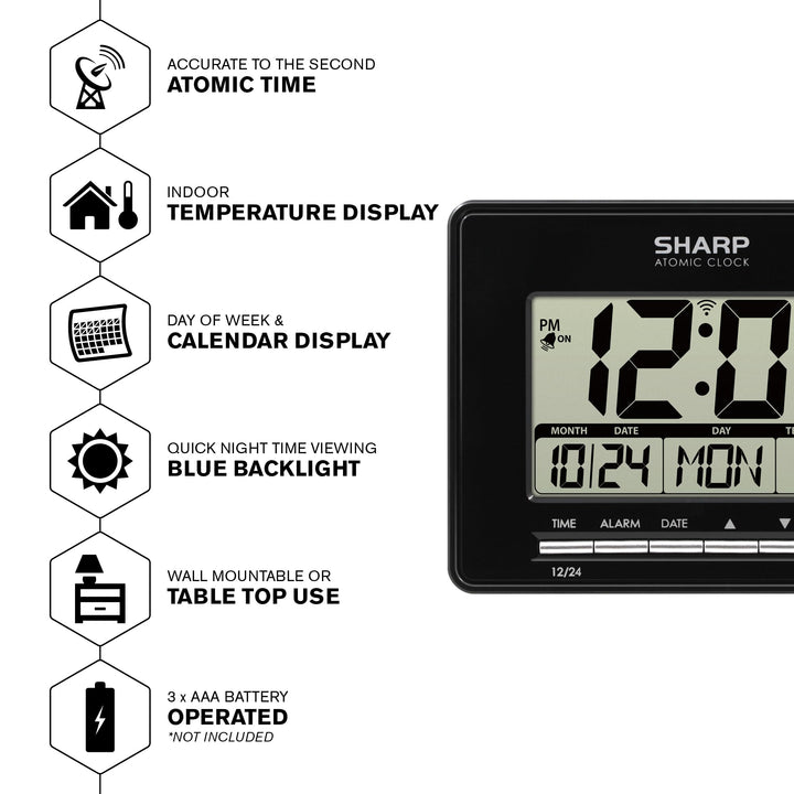 Sharp Atomic Desktop Clock â€“ Auto Set Digital Alarm Clock - Atomic Accuracy - Easy to Read Screen with Time/Date/Temperature Display- Perfect for Nightstand or Desk